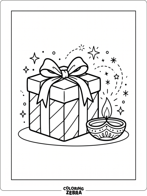 Gift box with ribbon, diya, and sparkles