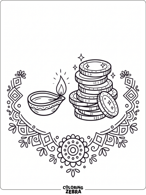 Gold coins stacked near a glowing diya