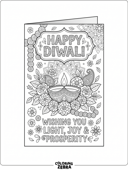 greeting card with a diya and flowers