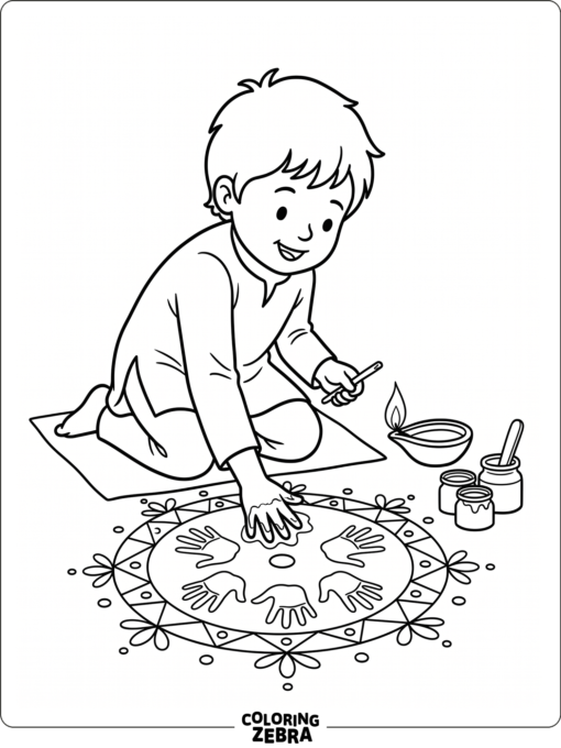 Handprint rangoli with diya and paint pots