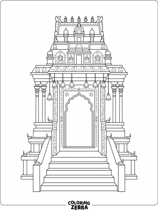 Temple entrance with bells, steps, and lamps