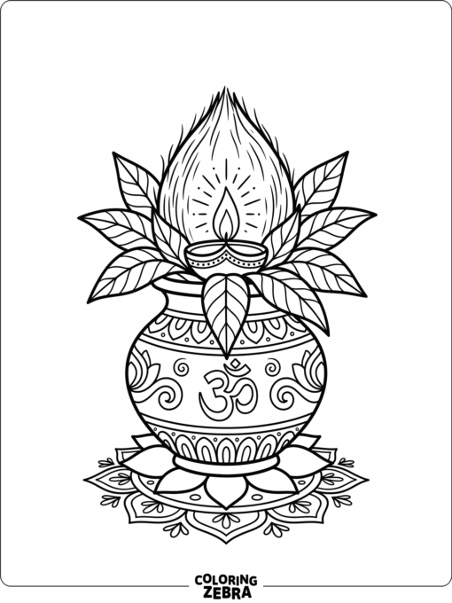 Kalash with coconut, leaves, and a small lamp