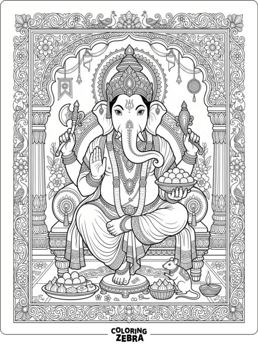 Lord Ganesha with sweets and a decorative frame
