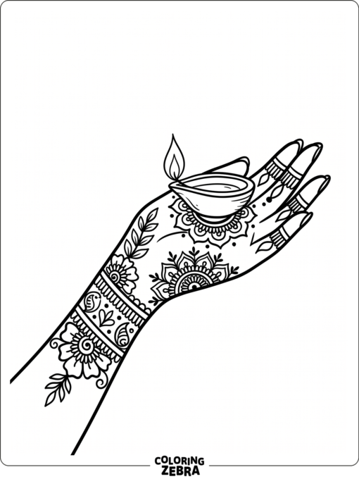 decorated hand with mehndi and a diya