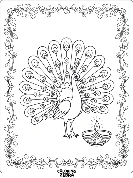 peacock beside a diya and floral border