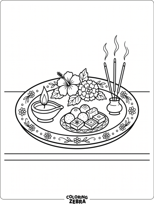 Decorated puja thali with a diya, flowers, sweets, and incense sticks