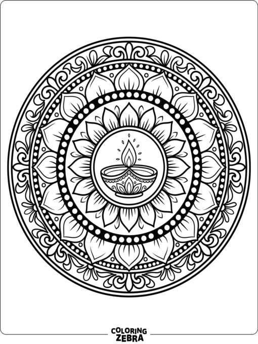 rangoli circle with a diya in the center
