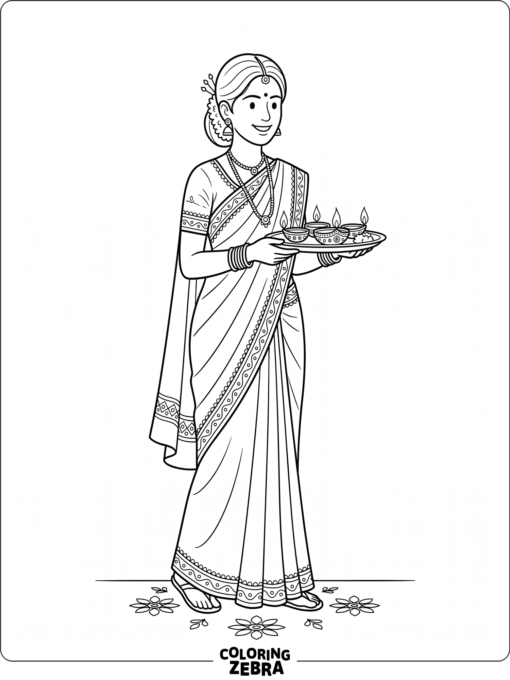 woman in traditional dress holding a tray of diyas