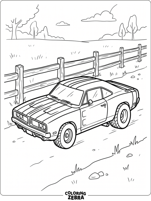 A two-door muscle car with wide tires and stripes