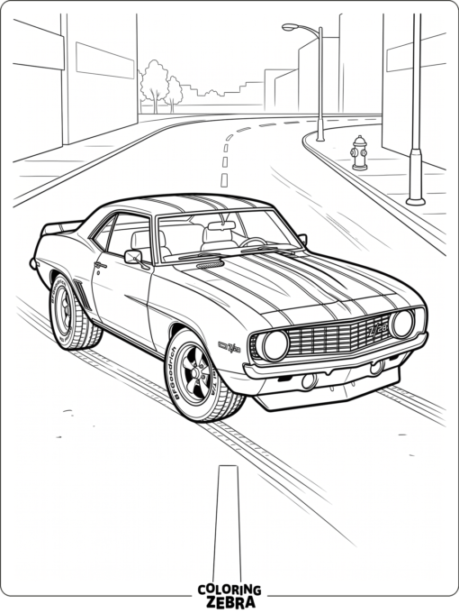 A wide muscle car with racing stripes on a quiet street