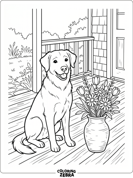 A dog sitting next to a vase of flowers