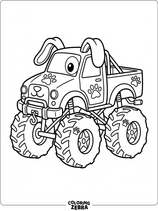 Monster truck with floppy dog ears and paw prints
