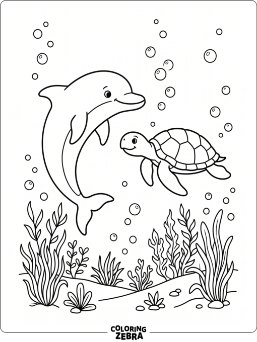 A dolphin and turtle floating above sea grass