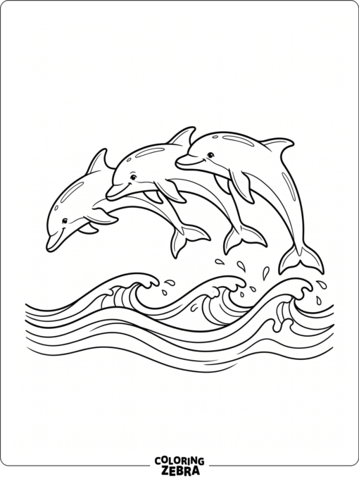 Three dolphins swimming together in a wave