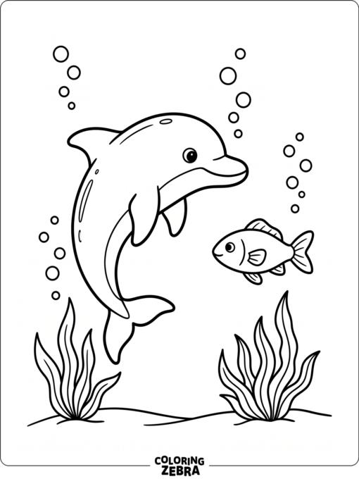 A dolphin swimming beside a fish and sea grass