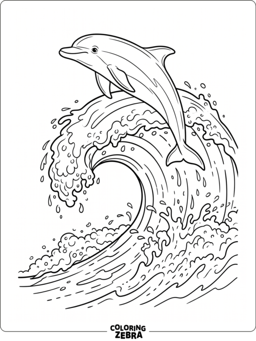 A dolphin leaping above a curling wave