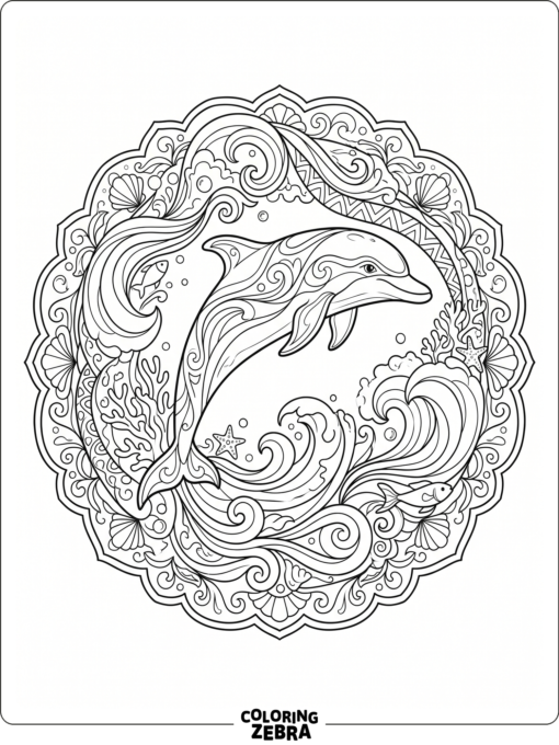 A dolphin with mandala circles and ocean shapes