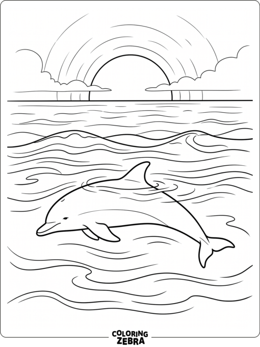 A dolphin swimming under a glowing sunset sky
