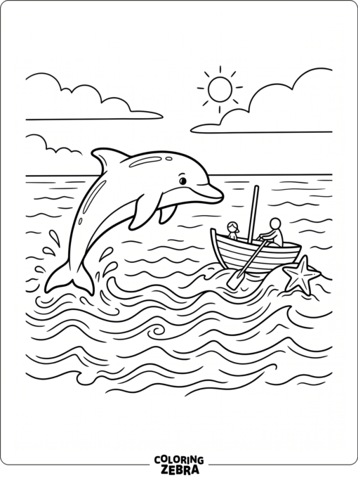 A dolphin swimming near a small boat and starfish