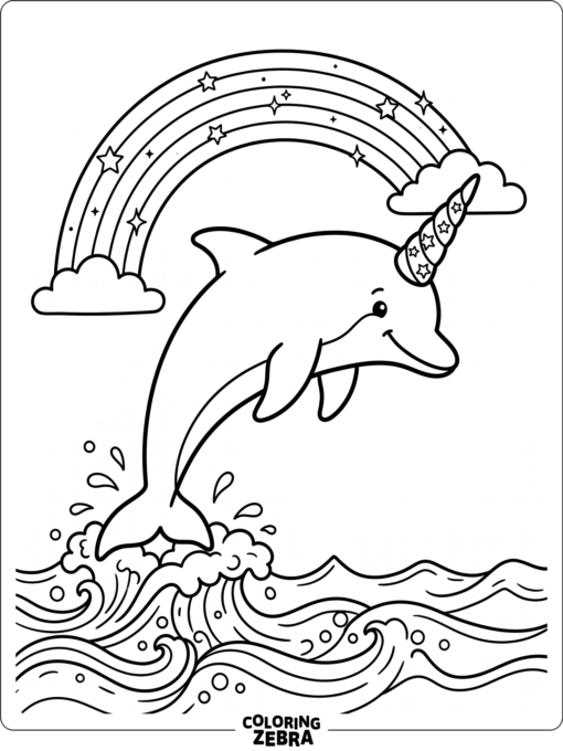 A dolphin with a unicorn horn, stars, and a rainbow