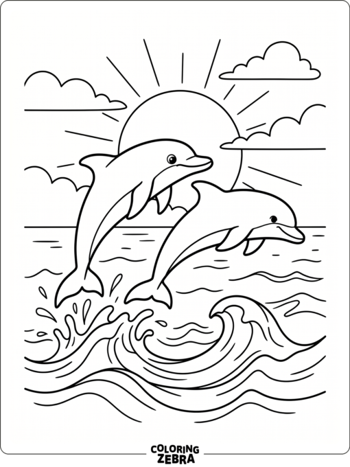 Two dolphins jumping over waves at sunset