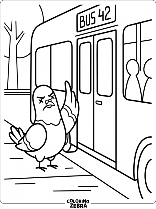 A pigeon standing by a bus door with a grumpy look