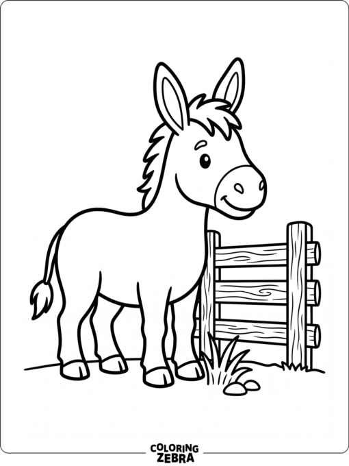 A donkey standing by a fence in a simple farm scene