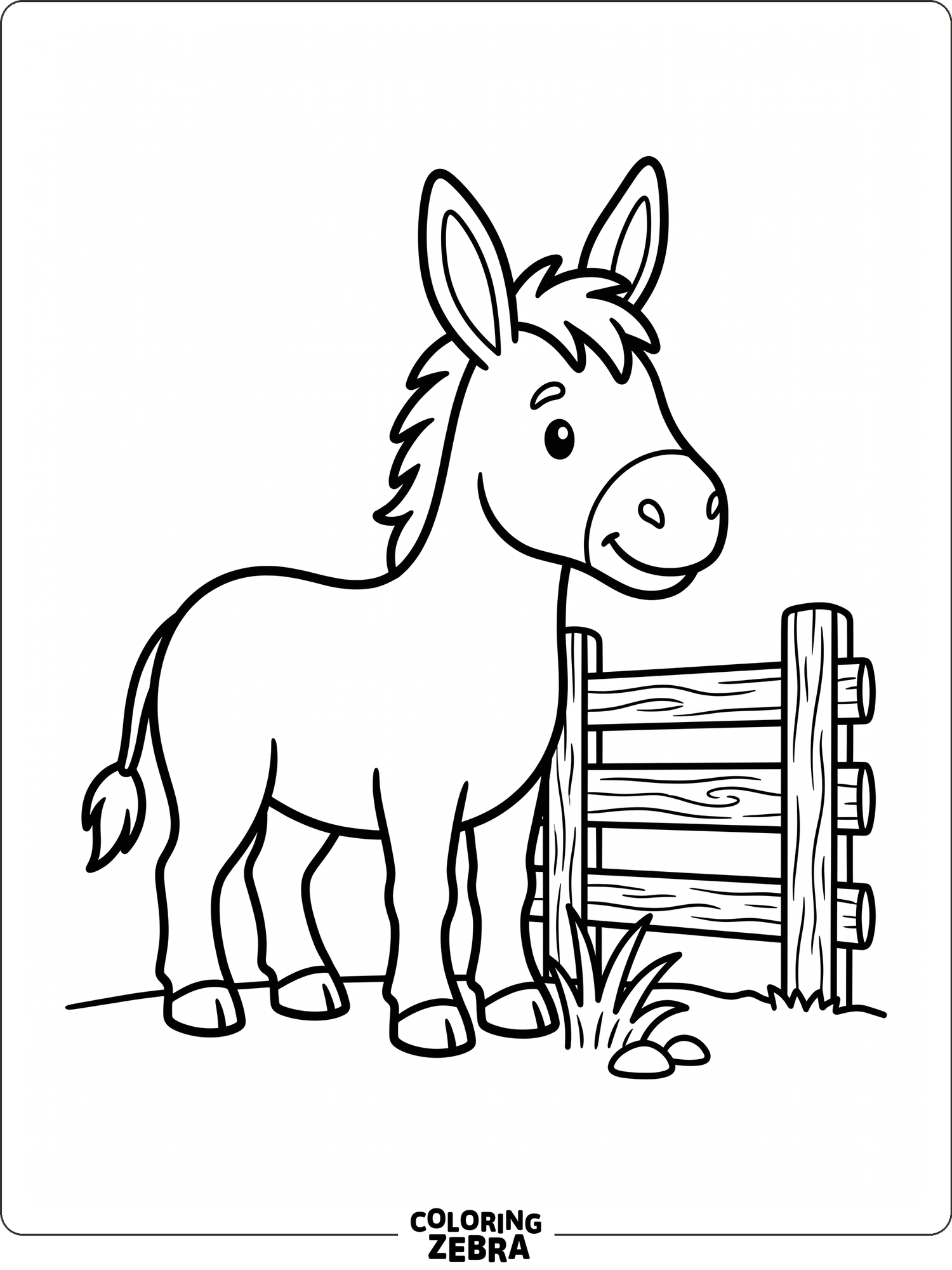 A donkey standing by a fence in a simple farm scene