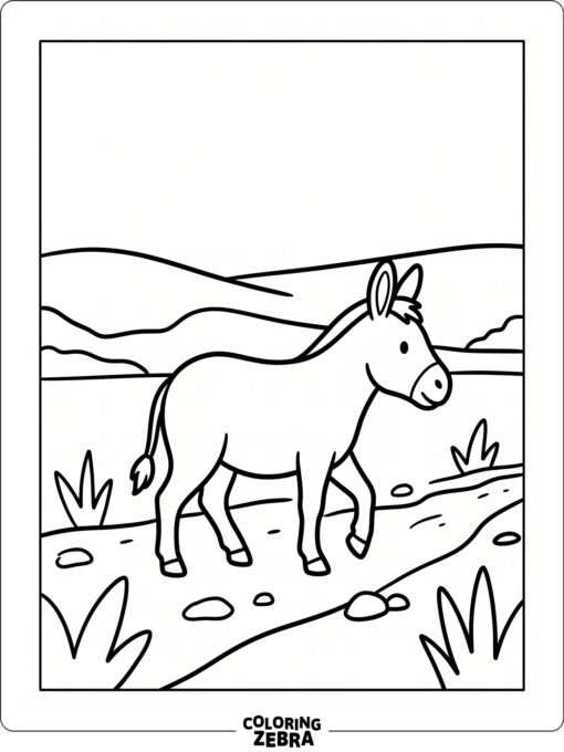 A donkey walking in a simple field