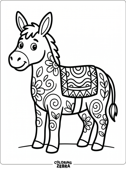 A donkey with floral swirls and a patterned blanket