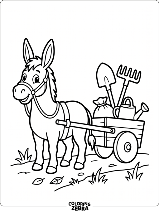 A donkey beside a small cart on a farm