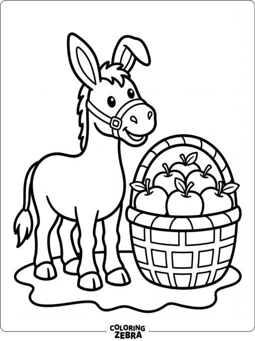 A donkey beside an apple basket in a preschool scene