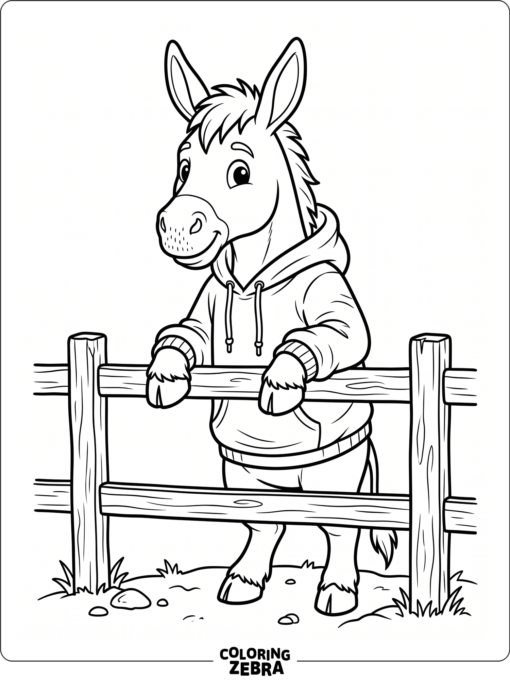 A donkey in a hoodie leaning on a fence