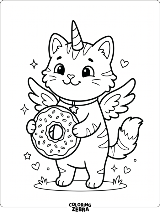 A smiling cat with a unicorn horn holds a sprinkled donut