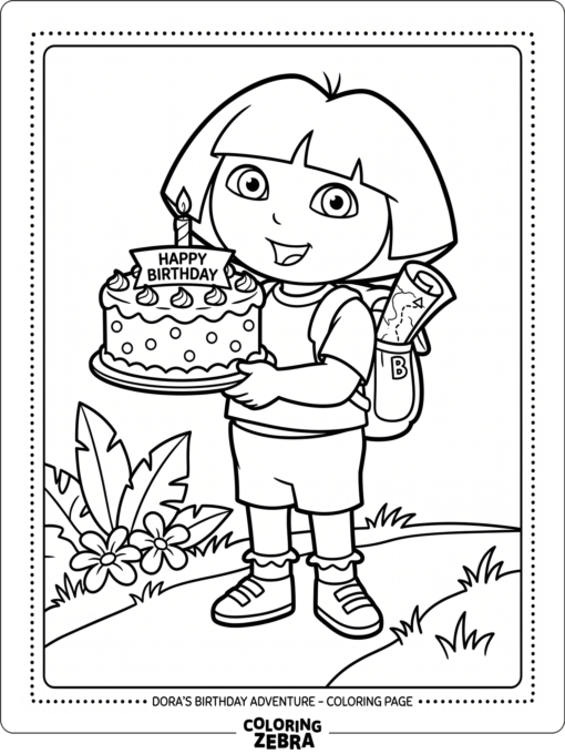 A girl adventurer with a birthday cake and map