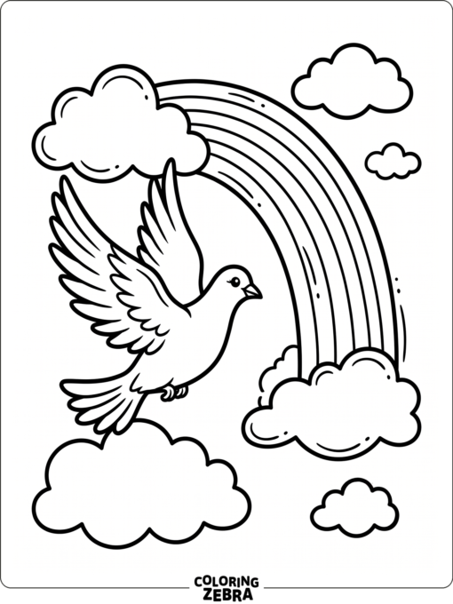A dove flying near a rainbow and clouds