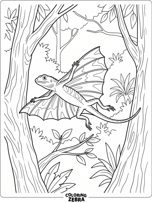 A draco lizard gliding between tree trunks