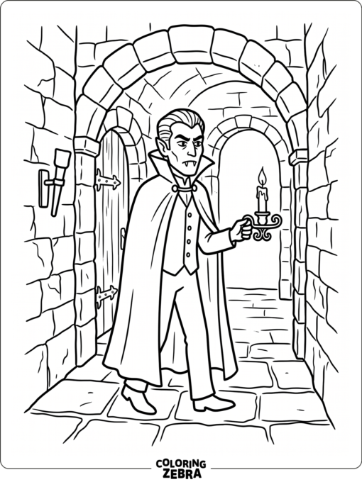 Dracula holding a candle in a dark stone hallway