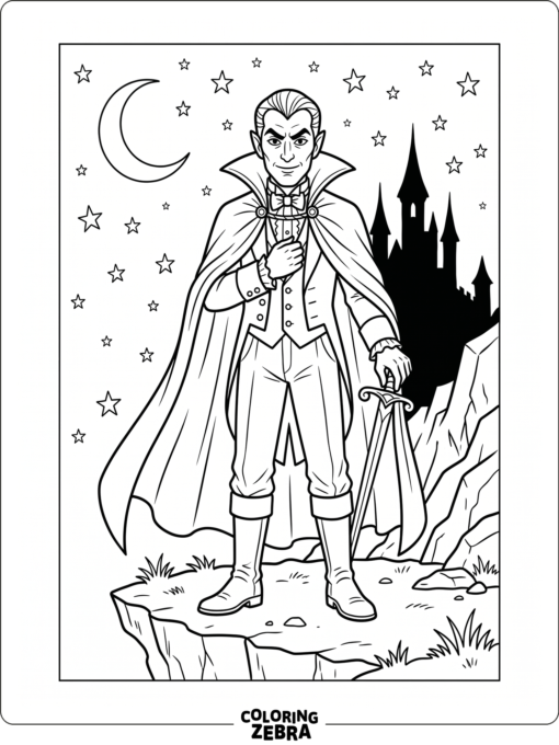 Dracula standing under stars with a crescent moon