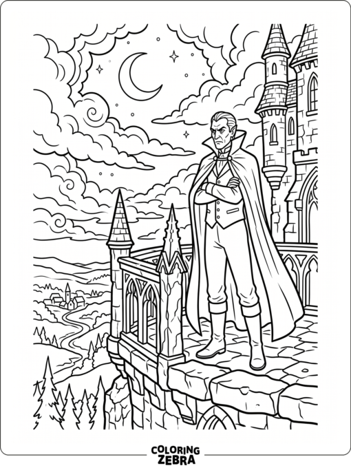 Dracula standing on a balcony under moonlight