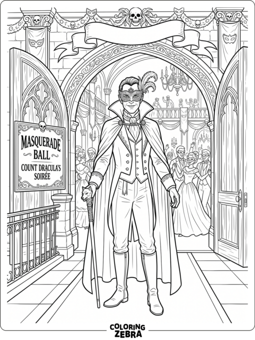 Dracula in a mask holding a cane at a ballroom