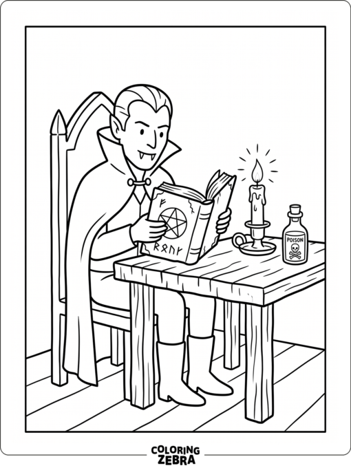 Dracula reading a spell book beside a candle