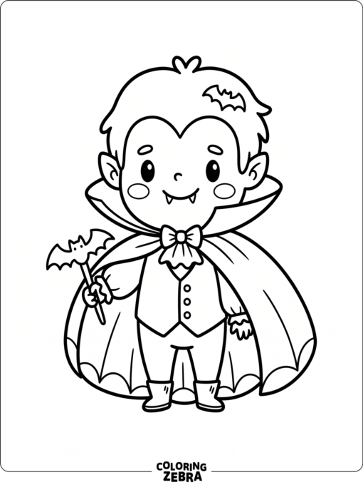 A cute chibi Dracula with tiny fangs and a round cape