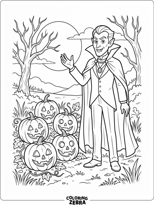 A vampire lord stands near carved pumpkins in a moonlit patch