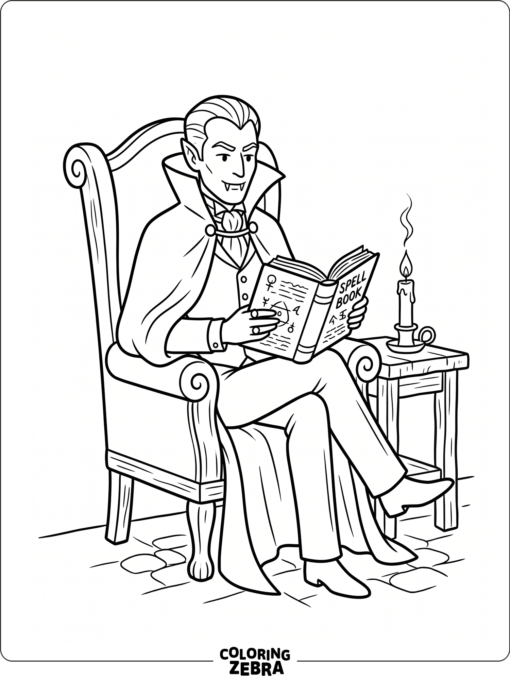 A Dracula figure reading a spell book by candlelight