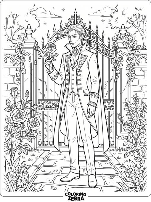 A vampire nobleman holding a rose in a garden
