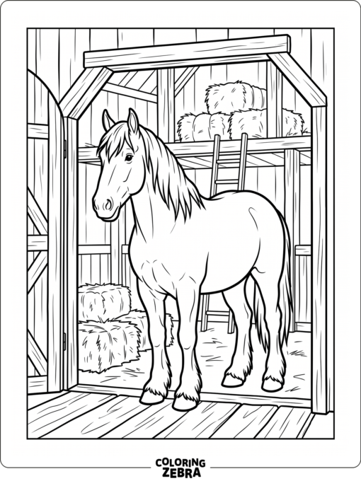 A draft horse stands in a barn doorway