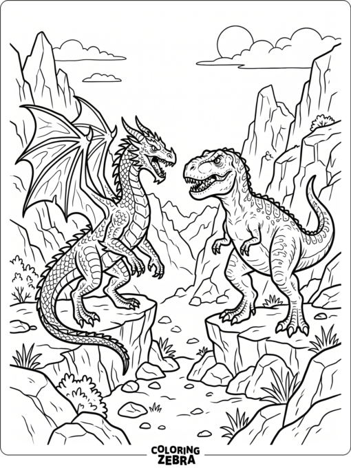 A dragon and dinosaur meeting in a valley