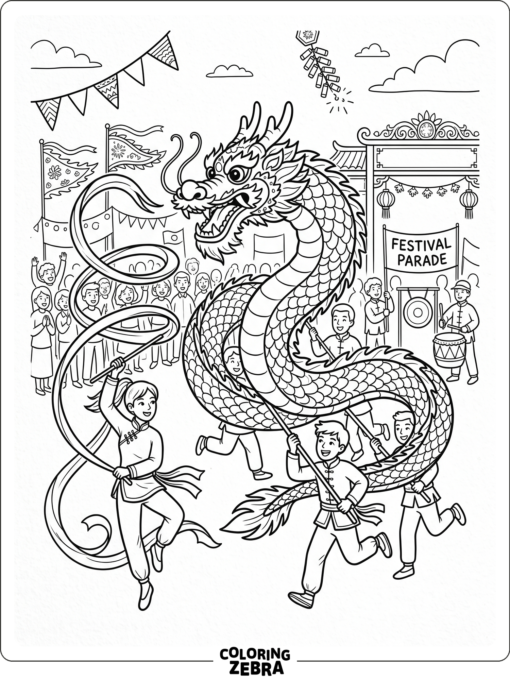 Dragon dancers with ribbons in a festival parade