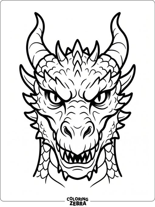 A close-up dragon face with horns and sharp teeth